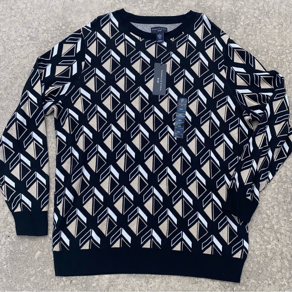 Shaquille O’Neal Black White Tan Geometric Patterned Crewneck Sweater 2XLT
